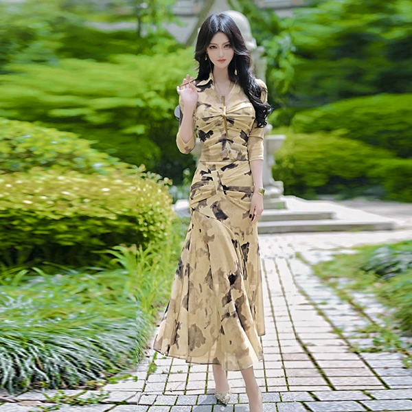 夏季晕染网纱印花褶皱T鱼尾裙两件套2025新款炸街减龄套装