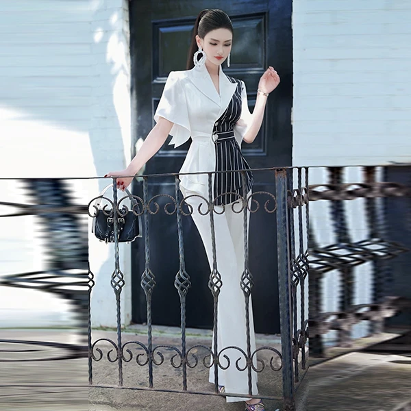 设计感飞袖小西服微喇叭裤两件套2024新款小众立体剪裁西装套装