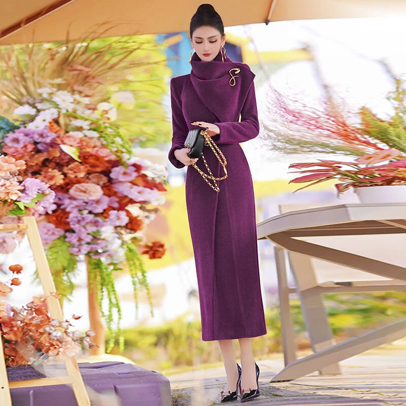 秋冬季软糯多穿围巾领名媛风长款过膝大衣新款法式保暖外套女