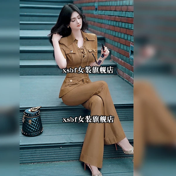 夏季仿牛仔多口袋套装2025新款气质短袖上衣高腰喇叭裤两件套显瘦