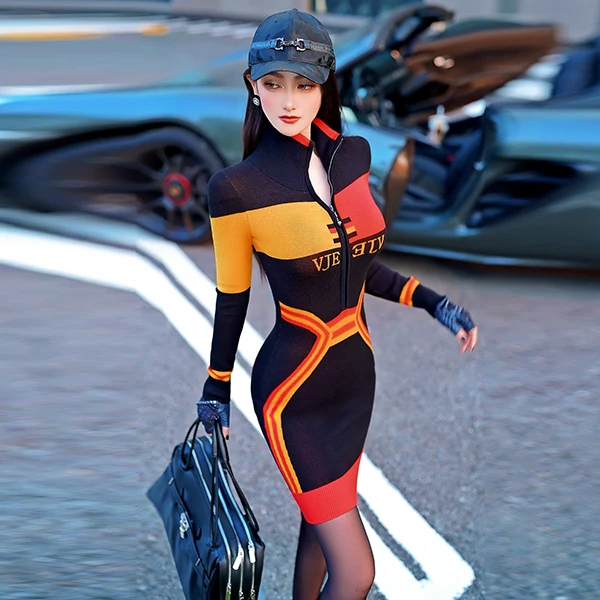 秋冬季欧美撞色休闲帅气高领修身针织裙2024新款长袖连衣裙