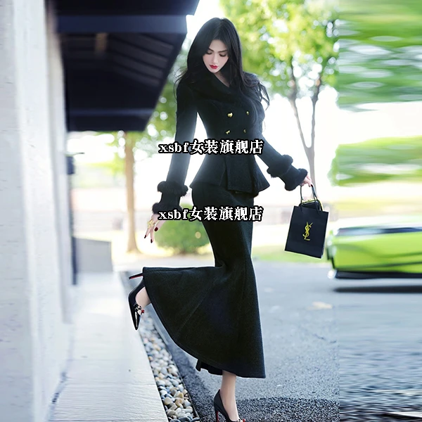 冬季名媛风夹毛条双排扣外套鱼尾裙两件套2024新款气质流行套装裙