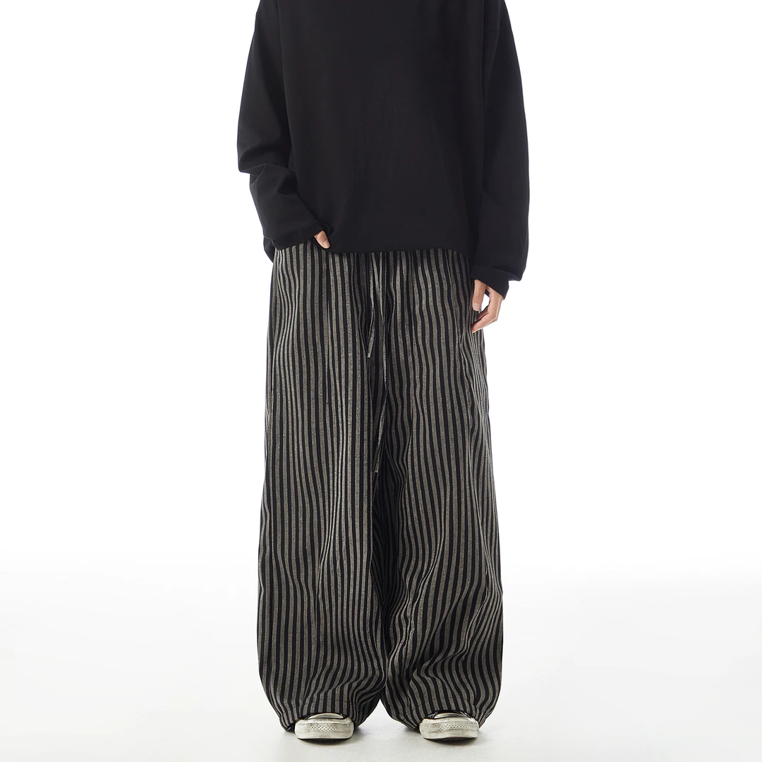 DAY NY复古条纹新款阔腿直筒休闲裤男女宽松居家日常长裤子情侣