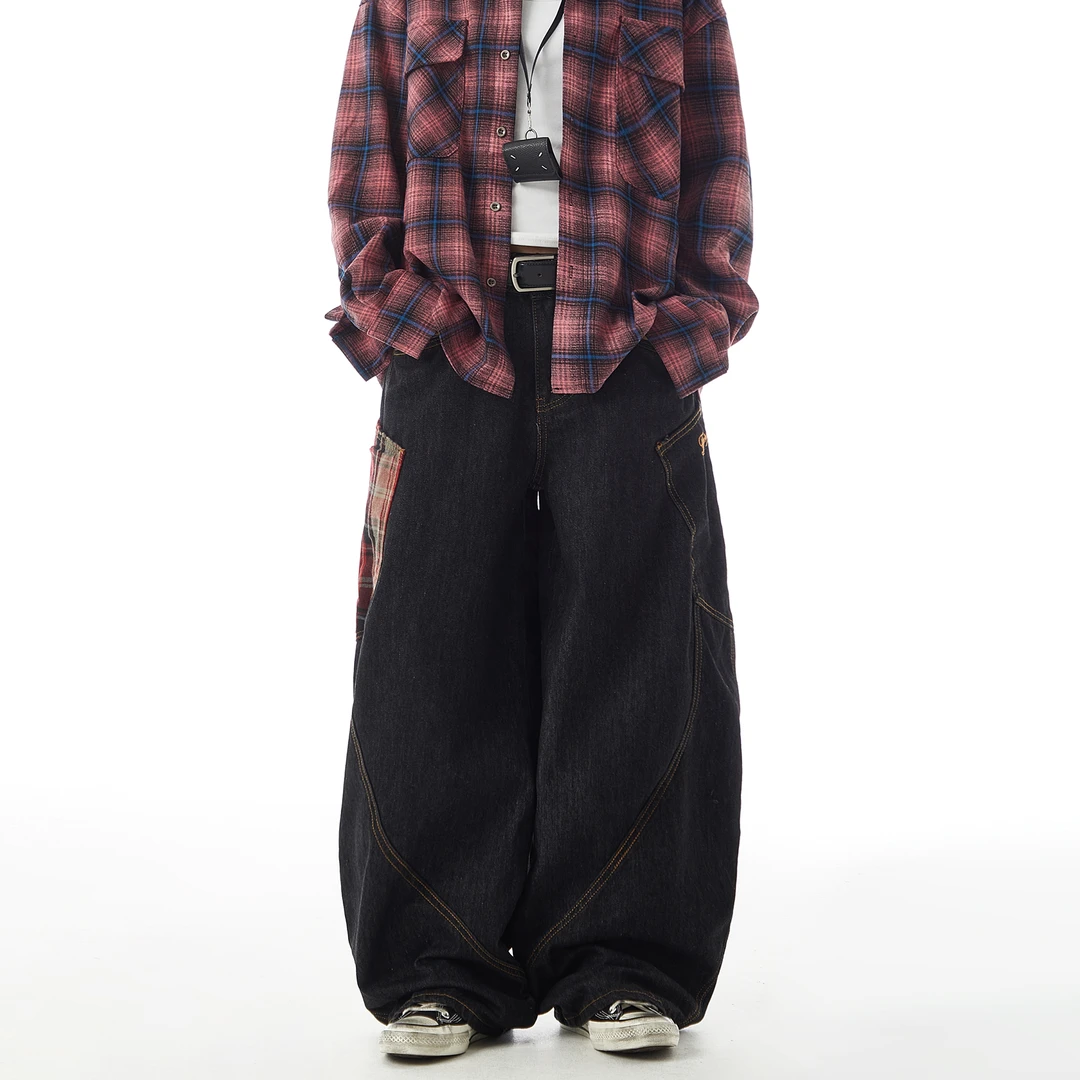DAY NY美式复古拼接格子口袋设计感牛仔裤宽松阔腿弯刀裤子潮牌