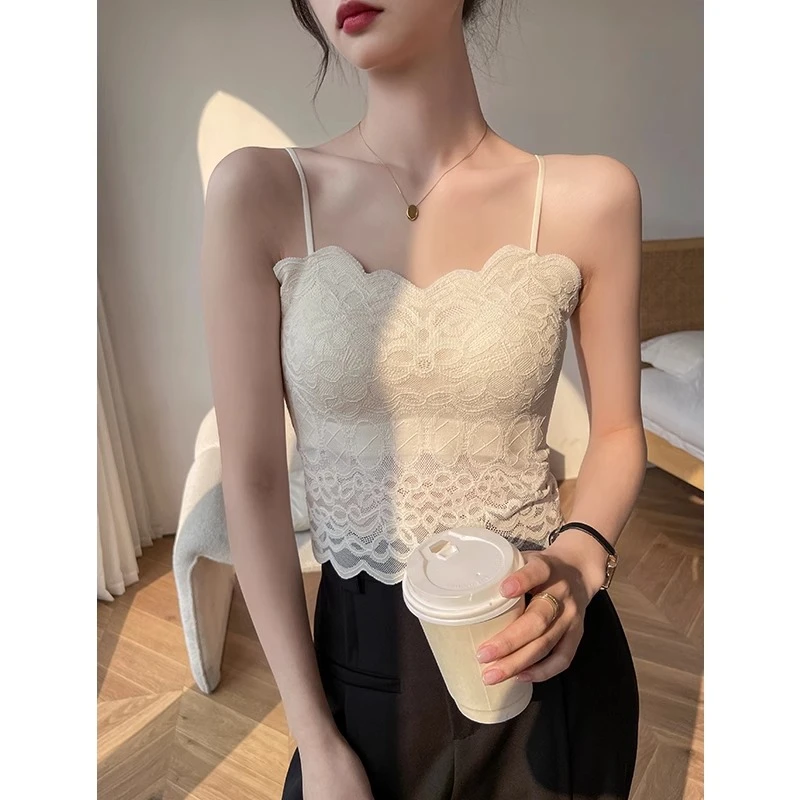 带胸垫短款蕾丝吊带背心女内搭2024新款夏季打底上衣洋气外穿文胸