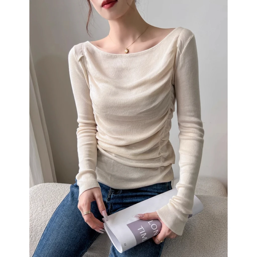 显瘦一字肩打底衫女2024新款春秋毛衣内搭修身长袖针织褶皱上衣潮