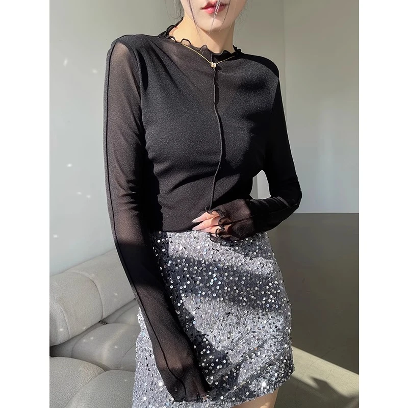 黑色网纱长袖T恤女打底衫2024秋冬季新款气质蕾丝木耳边内搭上衣