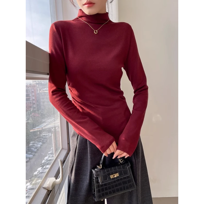 红色磨毛打底衫女2024新款秋冬内搭显瘦半高领长袖t恤开叉上衣潮