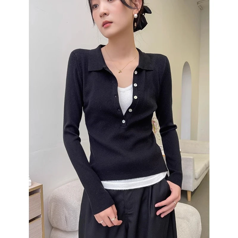 polo领长袖针织打底衫女秋冬内搭可外穿2024新款修身显瘦黑色上衣