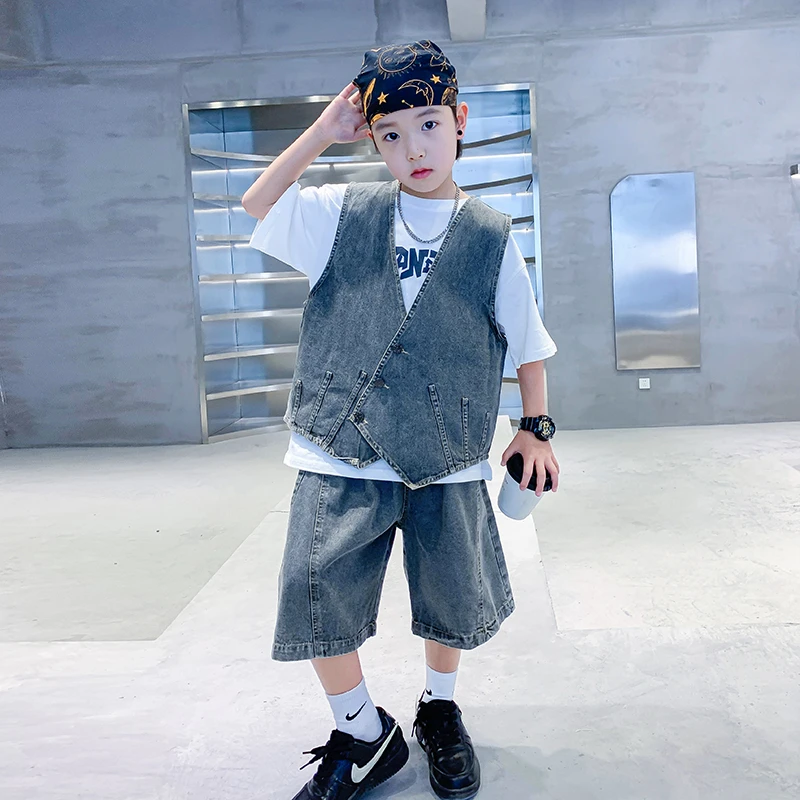 男童夏装牛仔背心短袖套装2024新款儿童男孩夏季痞帅宽松三件套潮