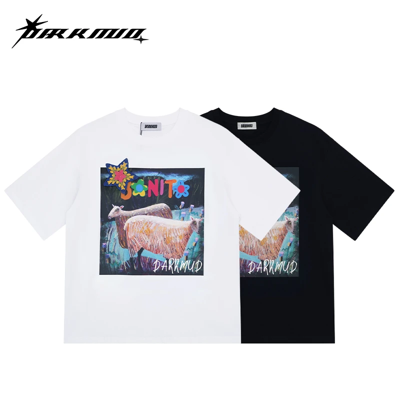 DARKMUD“复古个性小羊与花”立体T恤圆领设计师印花夏季宽松