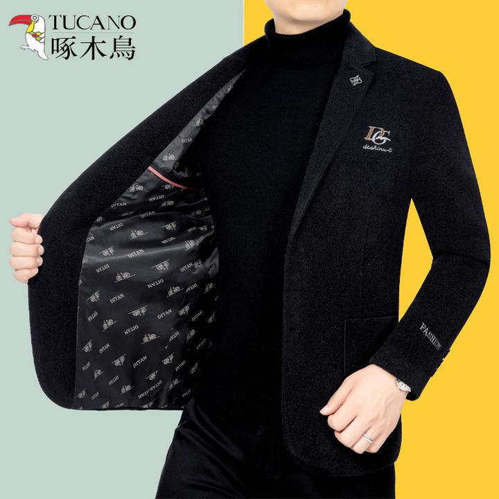 啄木鸟正品秋冬季商务休闲西装外套男高档毛呢西服保暖单西韩版潮