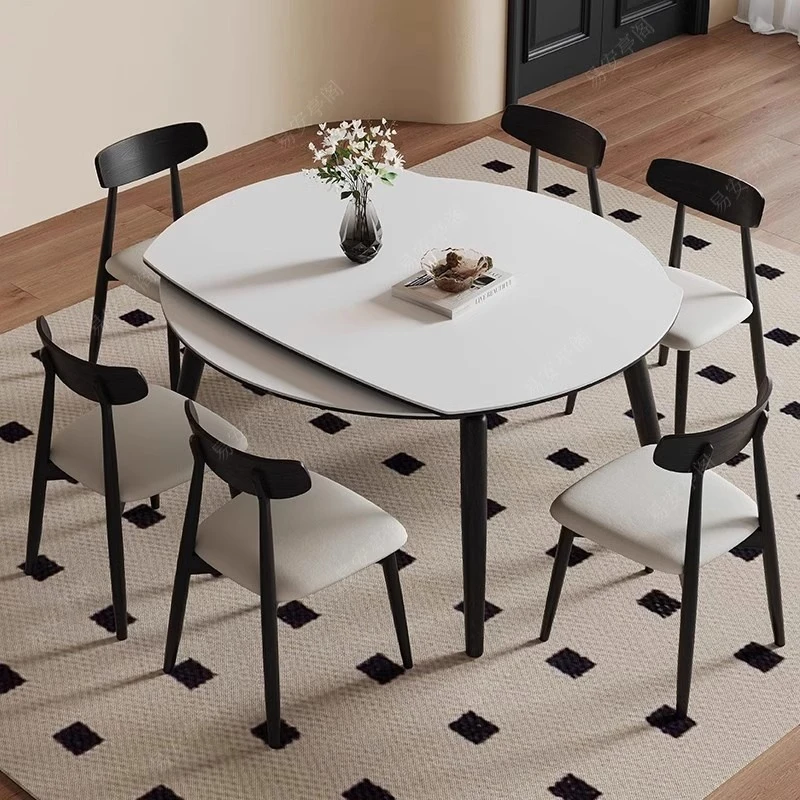 奶油风实木可伸缩方变圆功能餐桌小户型家用三合一餐桌椅组合