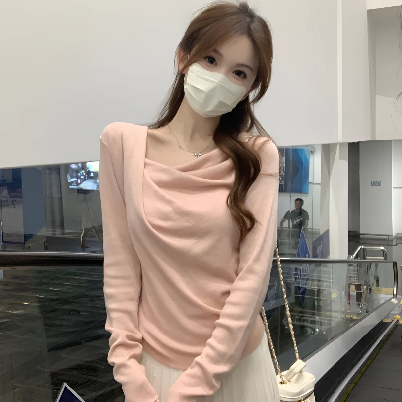 早秋韩版宽松打底衫荡领慵懒显瘦百搭针织长袖内搭上衣女20005#