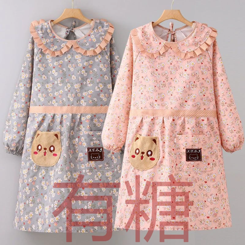 罩衣新款长袖帆布围裙女家用厨房做饭防污耐磨娃娃领洋气罩衣女工