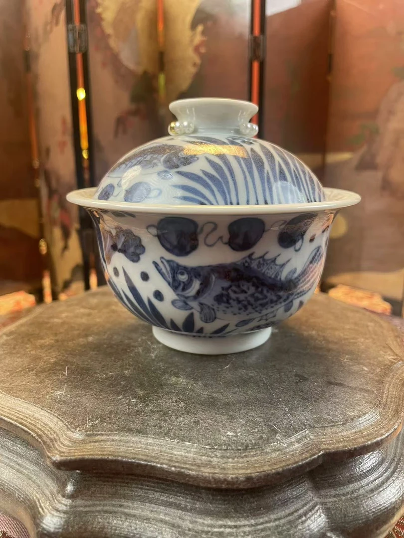 器韵东方丨青花绘画鱼藻莲叶图盖碗丨120cc