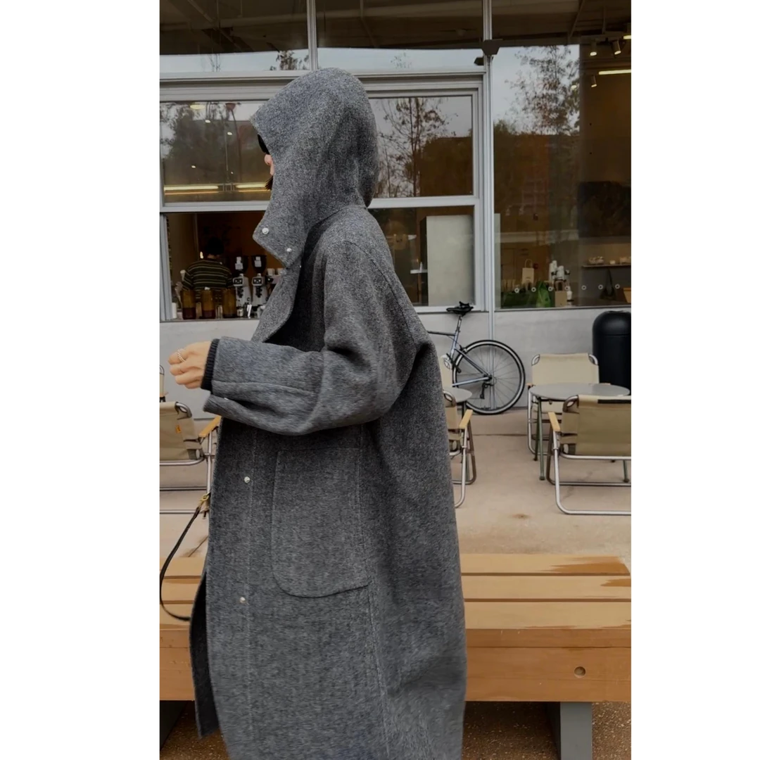 【YINXIANG MUJIN】人字纹手工羊毛大衣  高级灰女士宽松连帽外套