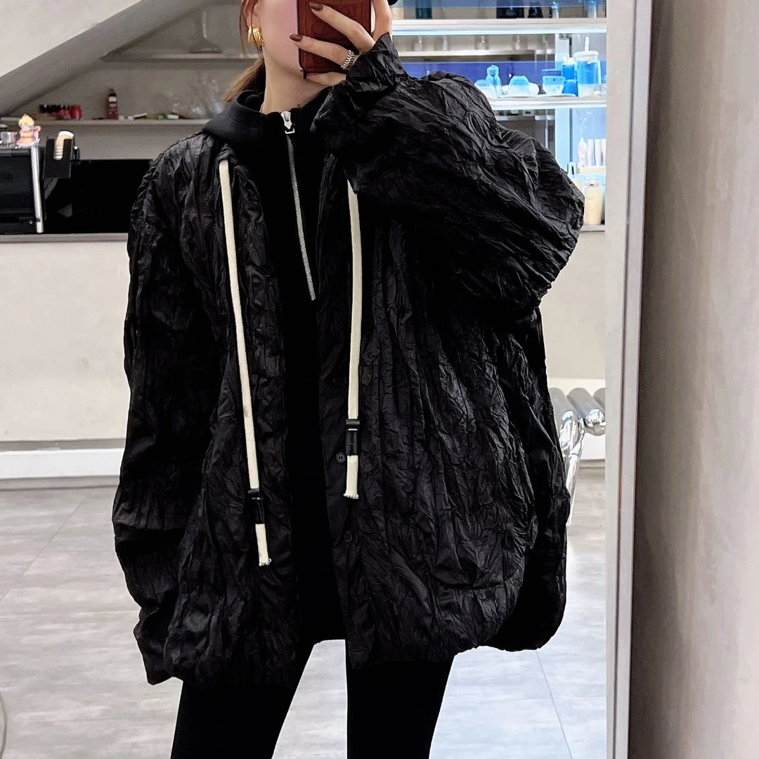 【木槿定制】秋冬新款高定皱皱料欧版夹棉潮品大外套女宽松无领上衣