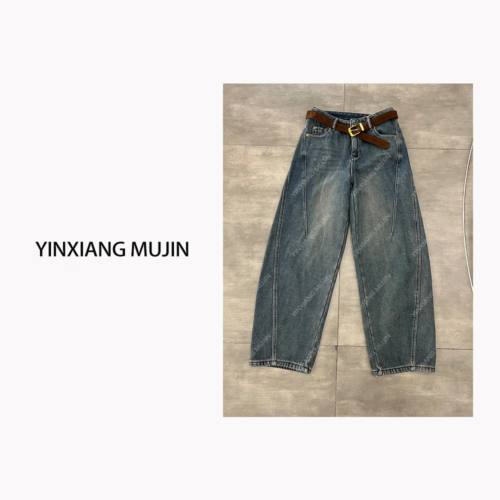【YINXIANG MUJIN 】线条弯刀牛仔裤 时尚水洗加绒长裤女潮流宽松