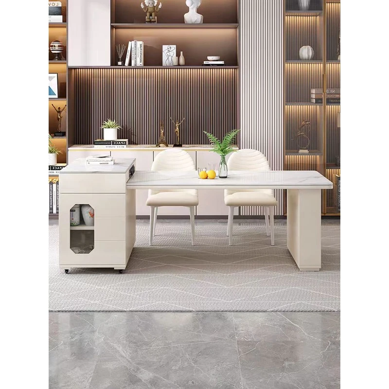 奶油风可伸缩岩板餐桌椅长方形餐桌家用简约餐厅创意两用桌子茶桌