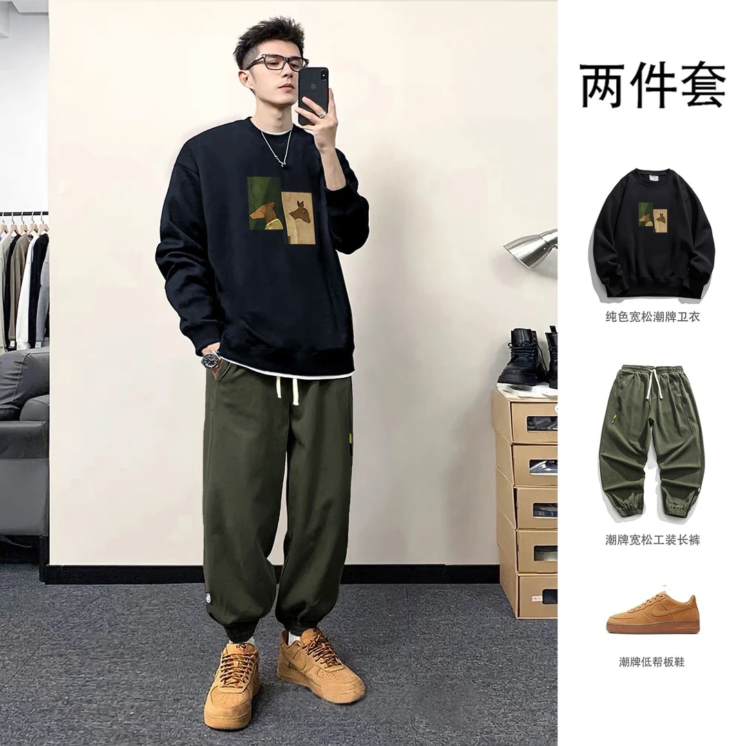 潮牌重磅卫衣男士春秋季新款潮流休闲宽松衣服痞帅男装工装裤套装