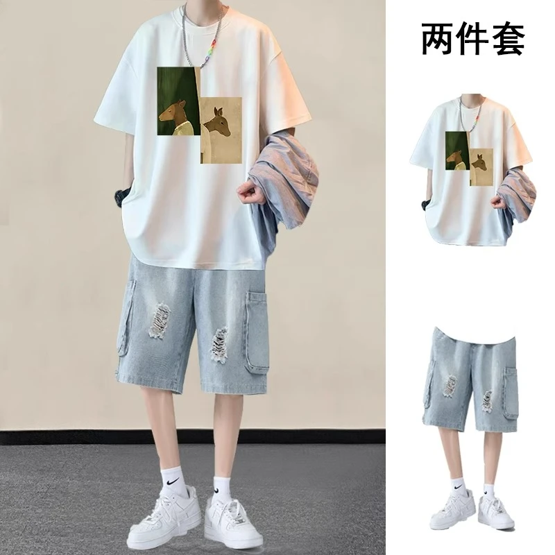 夏季套装男港风痞帅短袖t恤宽松潮牌搭配牛仔短裤学生休闲两件套