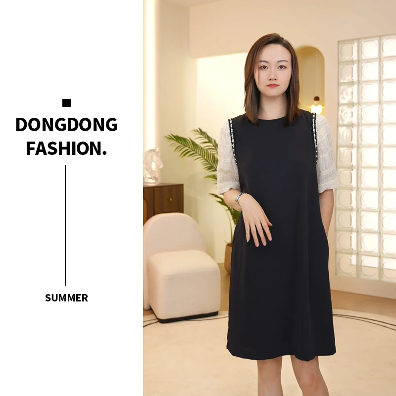 高级感撞色钉珠连衣裙女1823