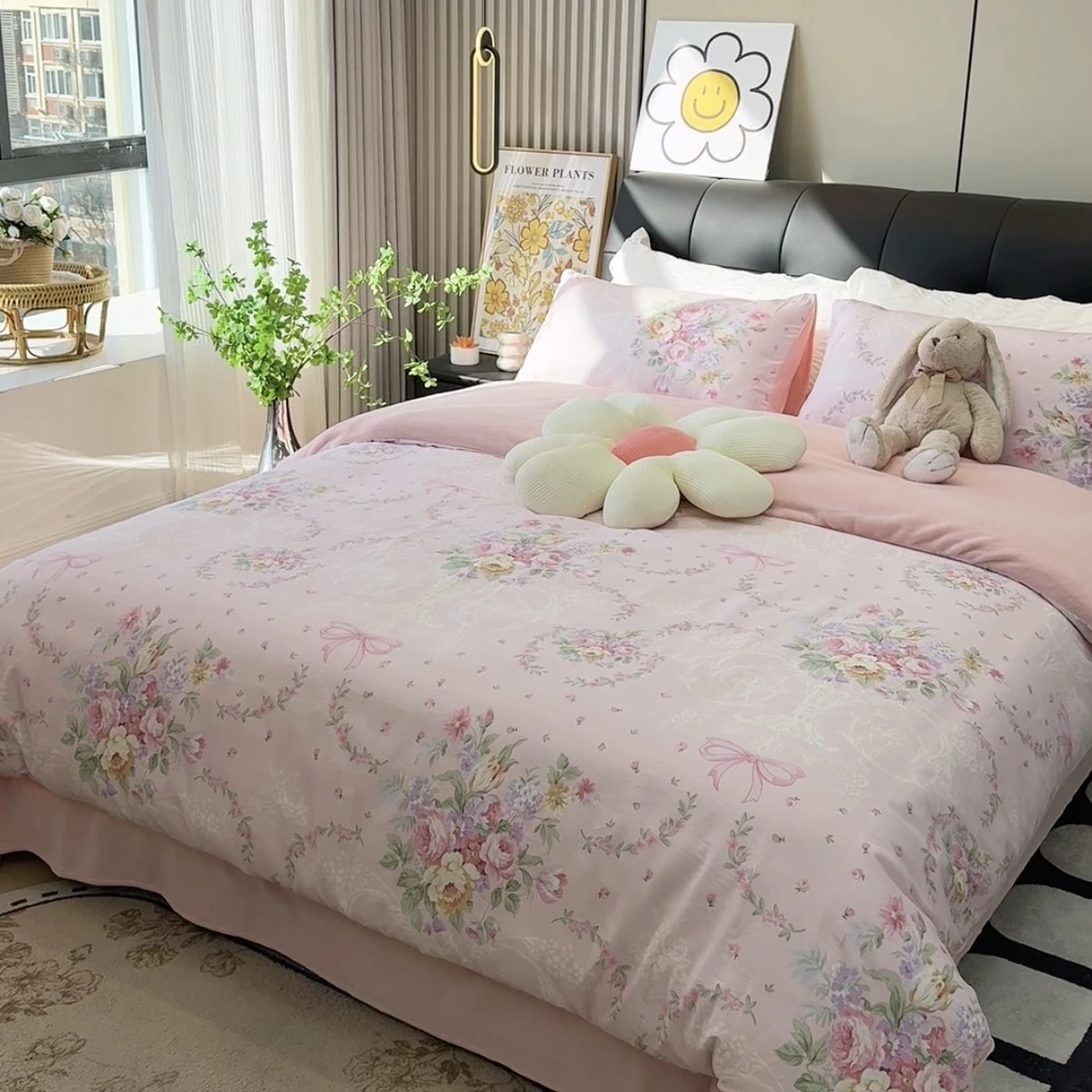 秋冬保暖 棉加绒四件套 A面斜纹棉B面高克重牛奶绒床上用品小清新