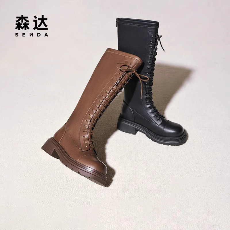 Senda/森达弹力靴女时尚百搭冬新款欧美机车风休闲长筒靴ZTE10DG4