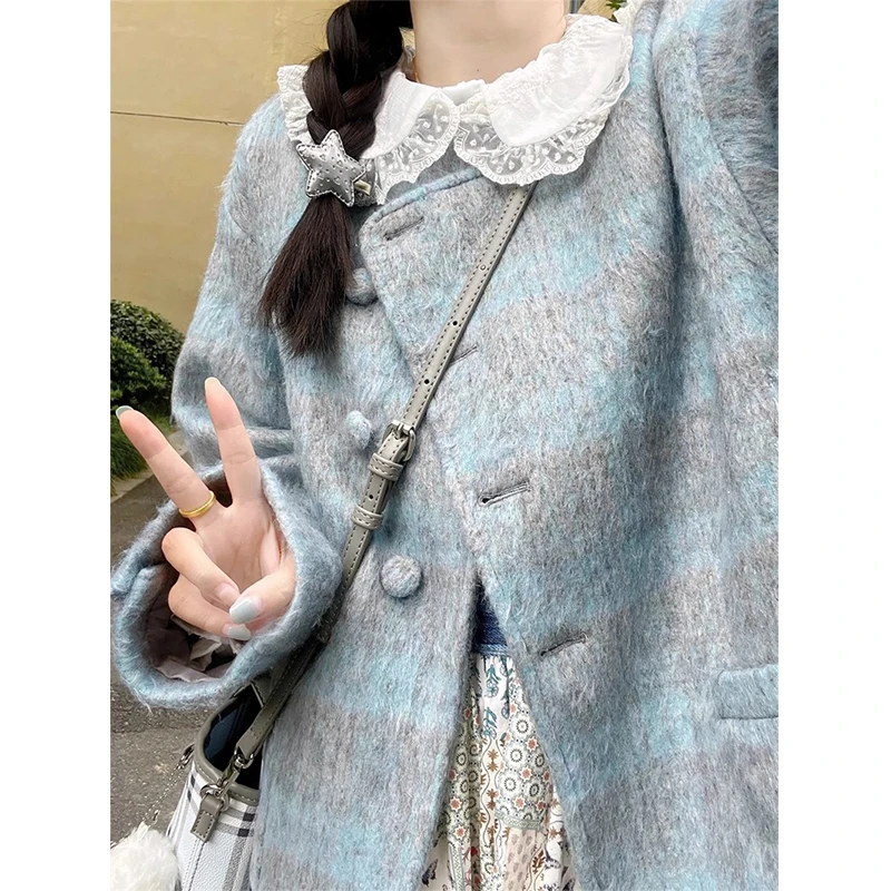 蓝灰格纹毛呢大衣外套女秋冬季2024新款韩系高级感小个子西装外套