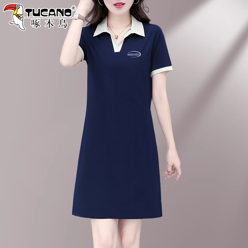 【官方】啄木鸟夏季连衣裙女时尚休闲小个子中长款polo领a字裙