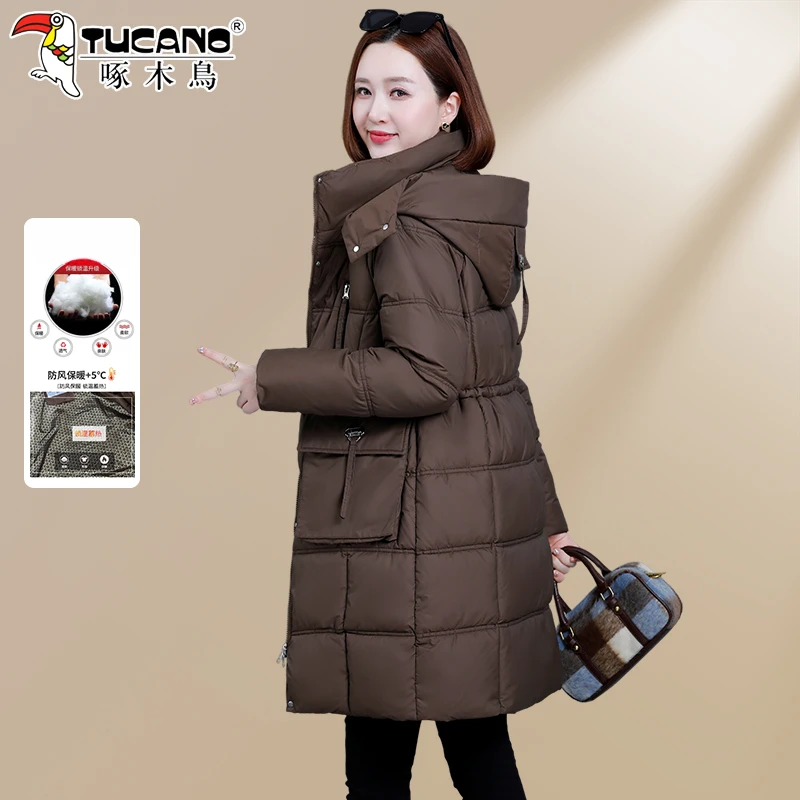 【官方】啄木鸟中长款棉服2025新款冬韩版宽松显瘦女士棉衣棉袄外套