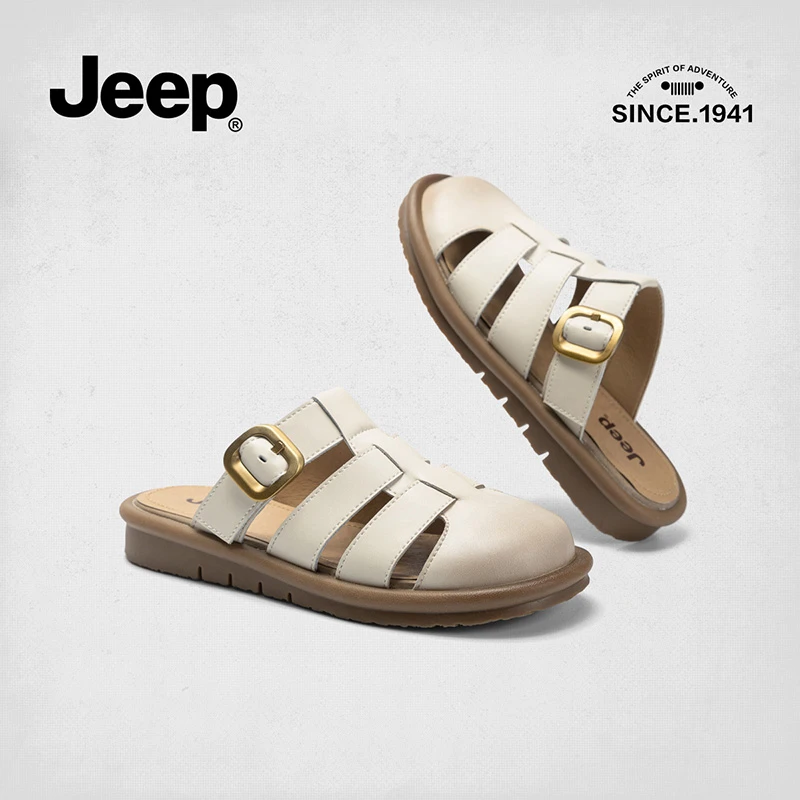 JEEP吉普复古包头拖鞋女外穿透气2024夏季软底镂空百搭平底穆勒鞋
