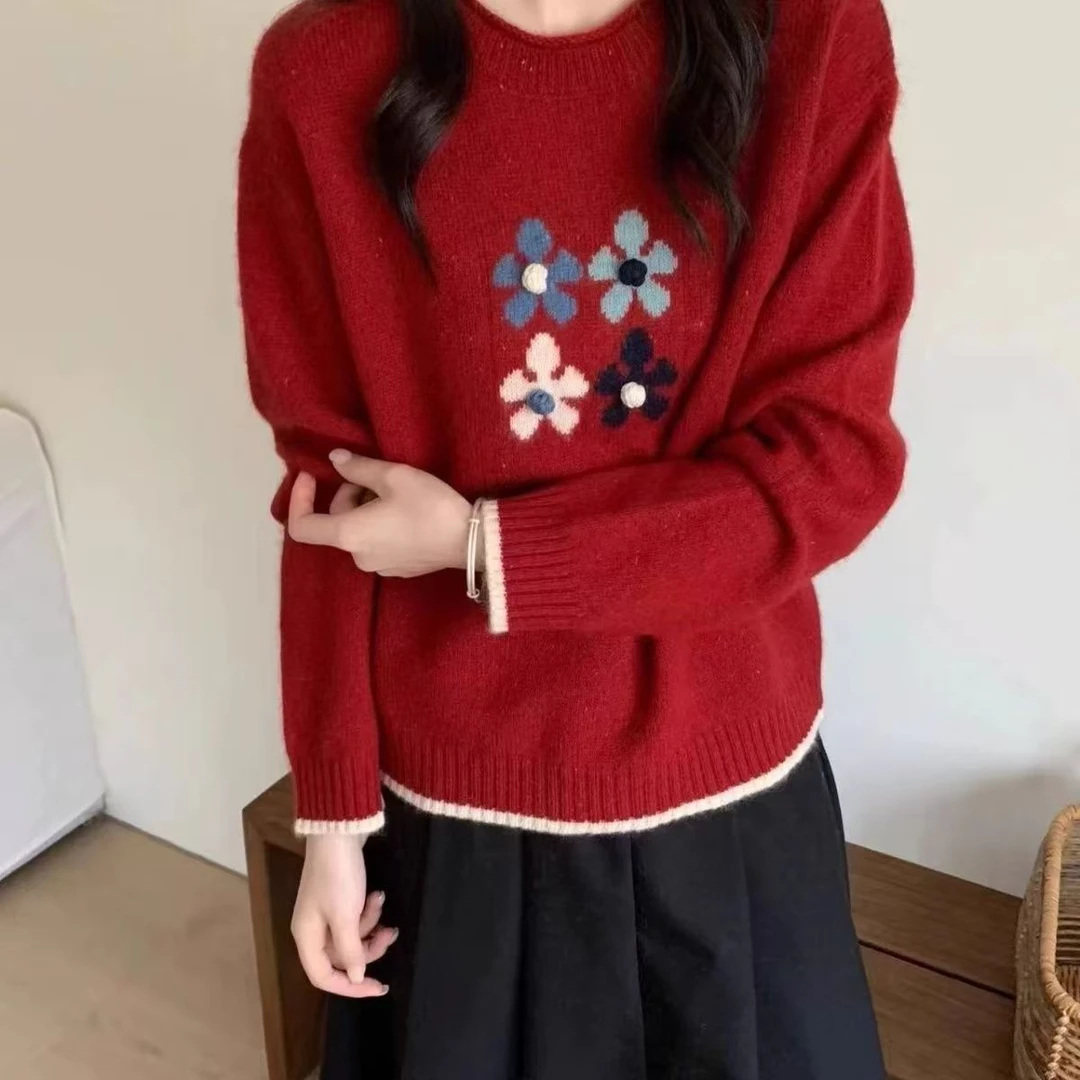 0966韩系花朵针织衫毛衣女秋冬新款圆领慵懒上衣宽松刺绣时尚百搭