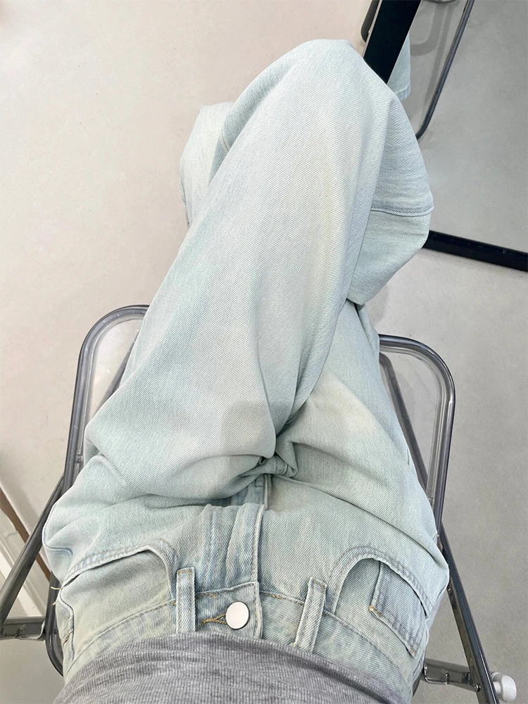 美式高街浅色阔腿牛仔裤女冬季2025新款高腰宽松显瘦垂感拖地裤子