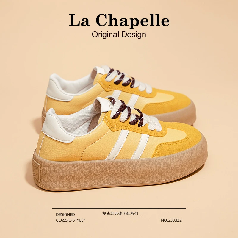 拉夏贝尔黄色厚底复古德训鞋女2025秋季新款爆款百搭学生休闲板鞋