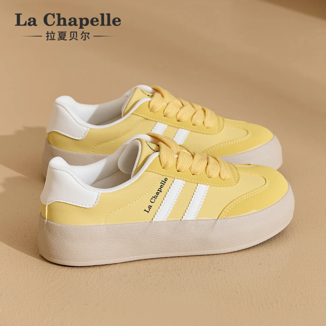 拉夏贝尔黄色板鞋女2025春季新款爆款百搭复古厚底运动休闲德训鞋