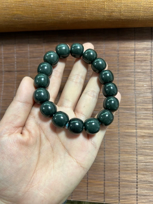和田玉青玉老型珠手链 男士手串尺寸13*14mm黑青色
