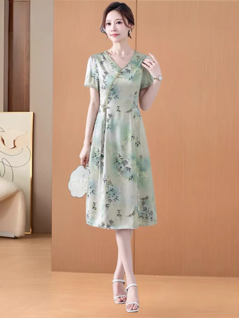 L215新中式国风改良旗袍中长款气质碎花连衣裙女士夏季洋气裙子