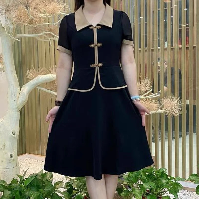 L180复古翻领盘扣假两件连衣裙显瘦裙遮肚子收腰女装连衣裙