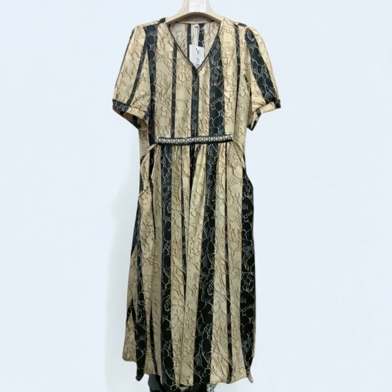 L325精致条纹连衣裙女2024夏季新款减龄妈妈装百搭显瘦中长款裙子