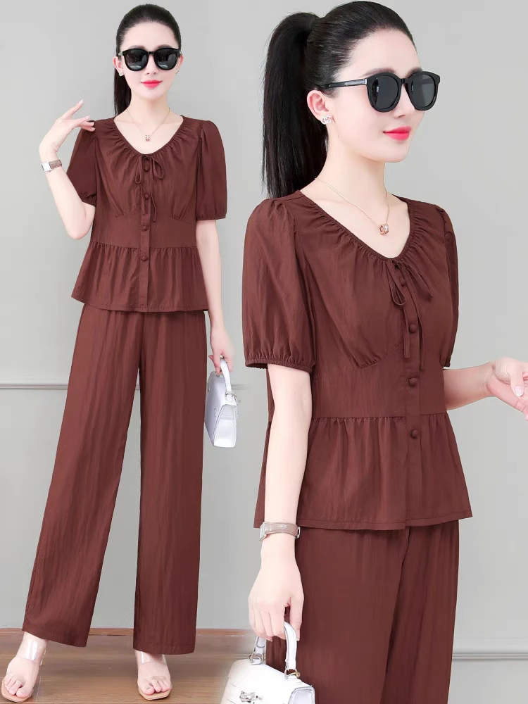 A017阔腿裤套装女2024夏季新款潮收腰短袖上衣搭配长裤显瘦两件套