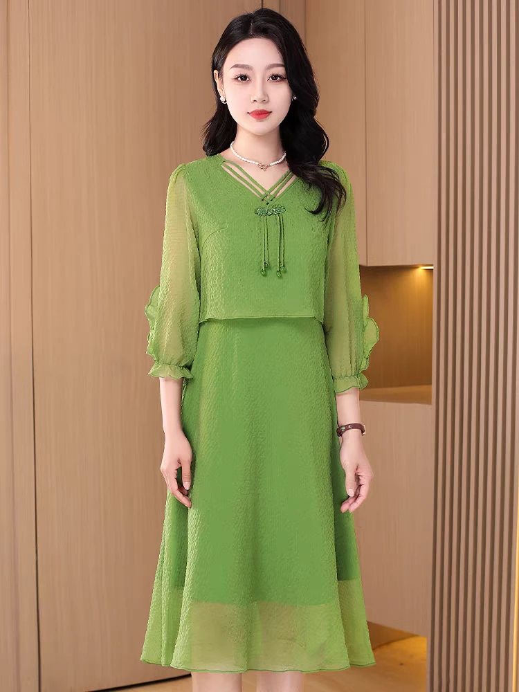 L344早连衣裙子高腰七分袖假两件时尚减龄显瘦高档百搭大码洋气