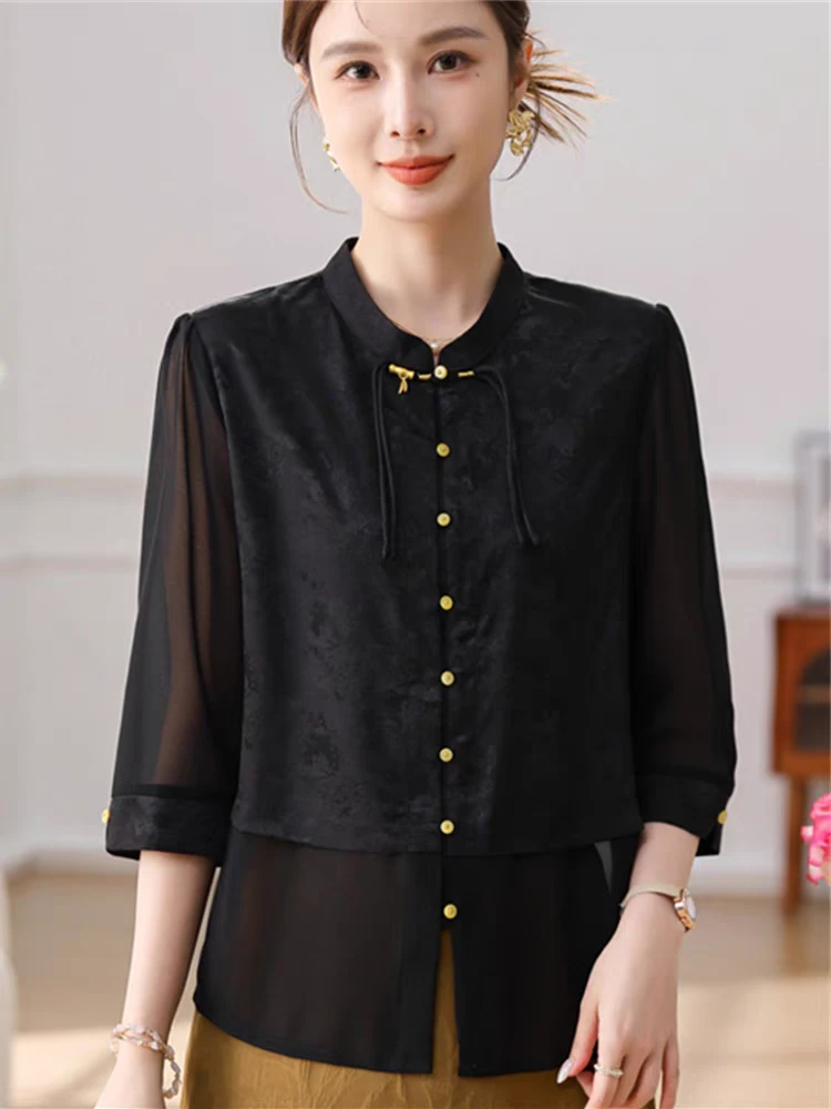 S043新中式上衣新款秋季女装国风氛围感拼接妈妈装长袖印花打底衫