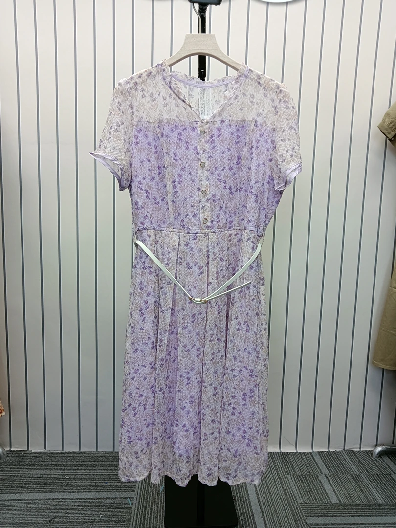 L154香芋紫连衣裙女2024夏季高腰显瘦碎花长裙