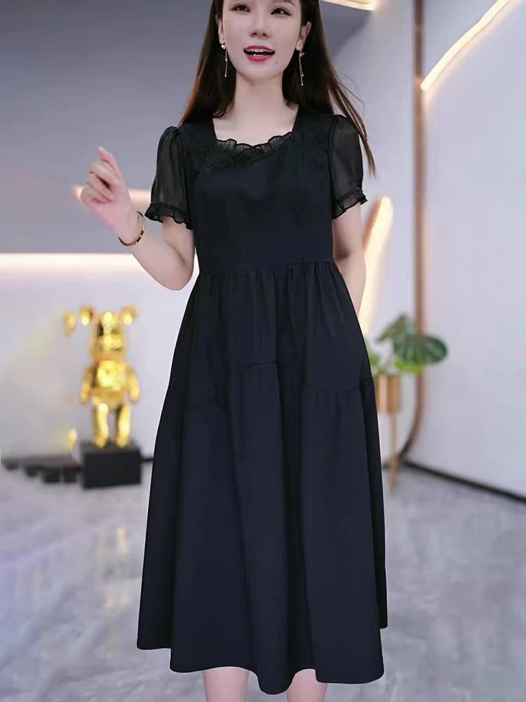 G83纯色简约黑色连衣裙夏季休闲女装高腰短袖A子裙子宽松连衣裙