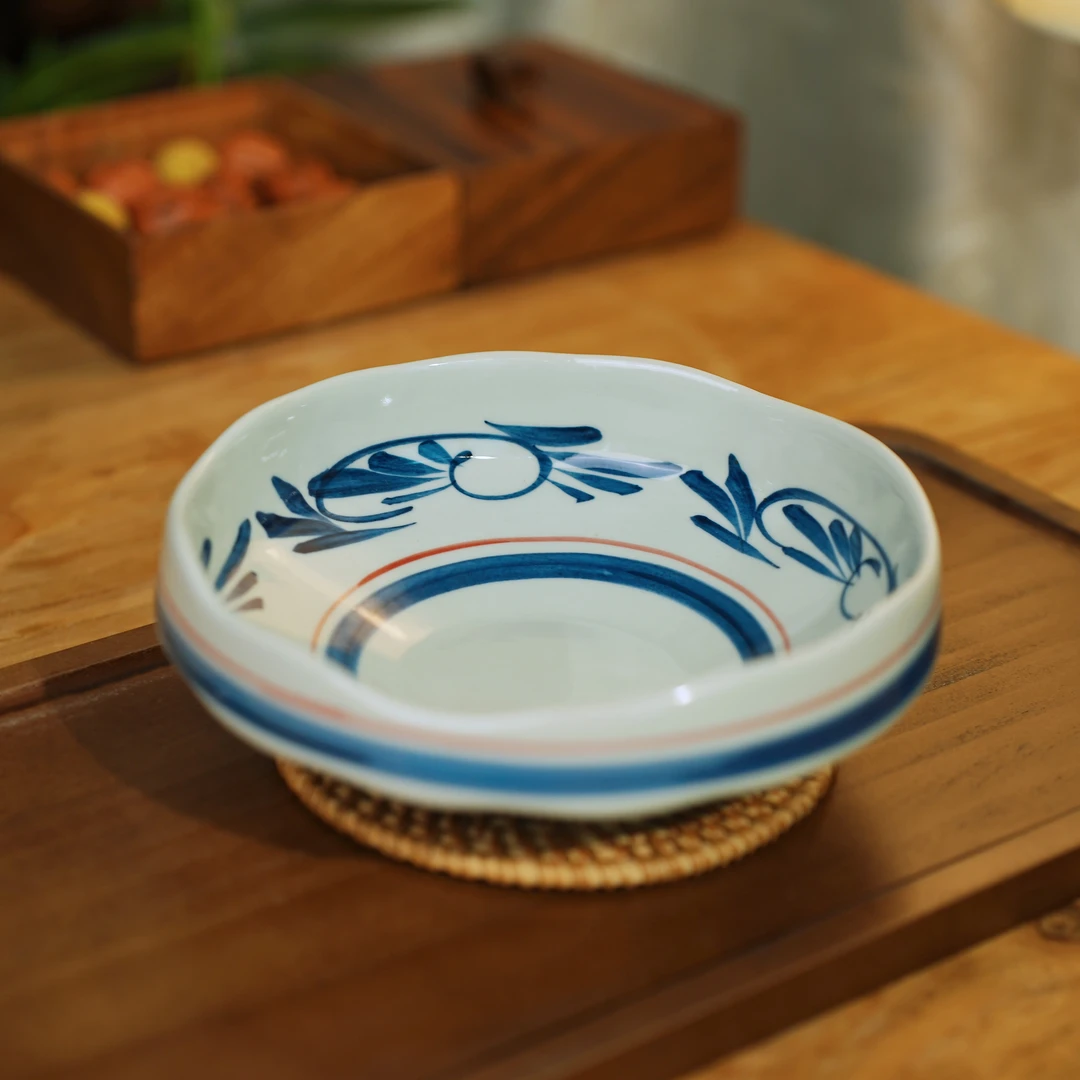 【6.5寸斗笠葵口盘】瑞涧唐草葵口盘花边手工陶瓷手绘大碗釉下