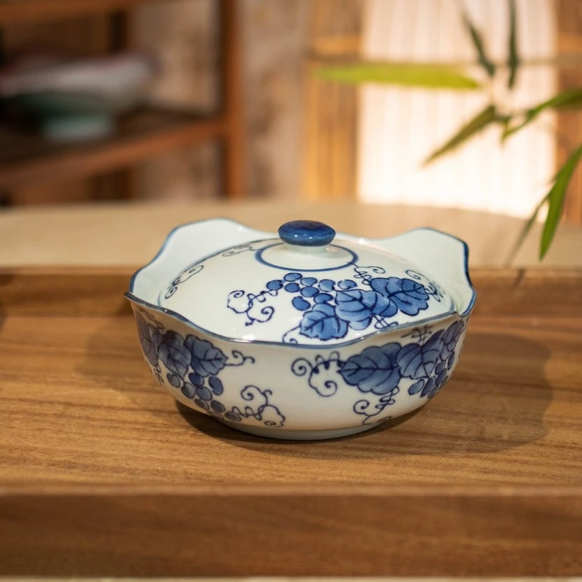 瑞涧大号玲珑碗炖盅盖碗釉下彩带盖泡面面碗米饭碗新中式复古家用