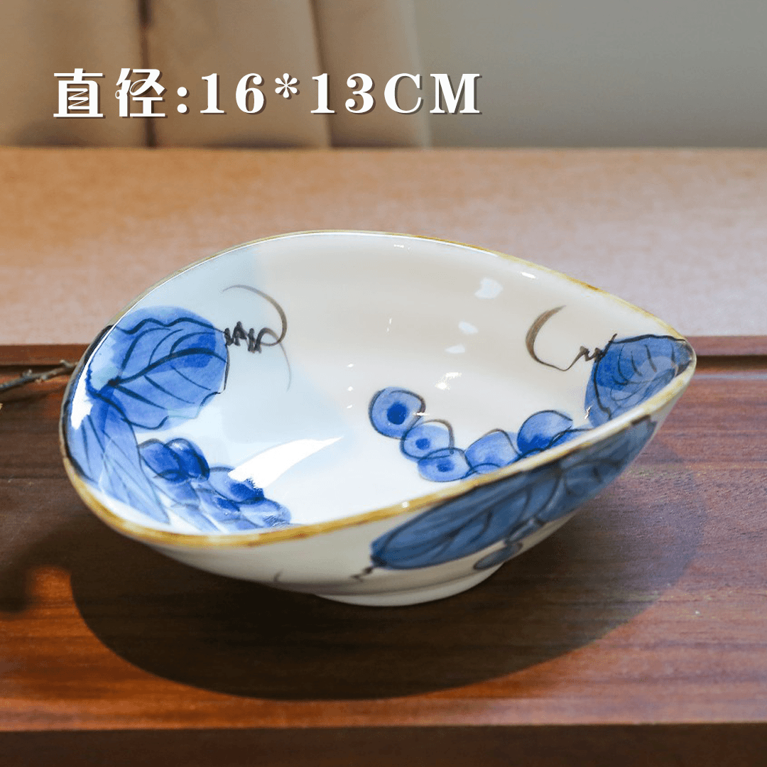 瑞涧椭圆新中式贝壳碗点心盘手绘陶瓷花藤葡萄釉下彩复古不规则