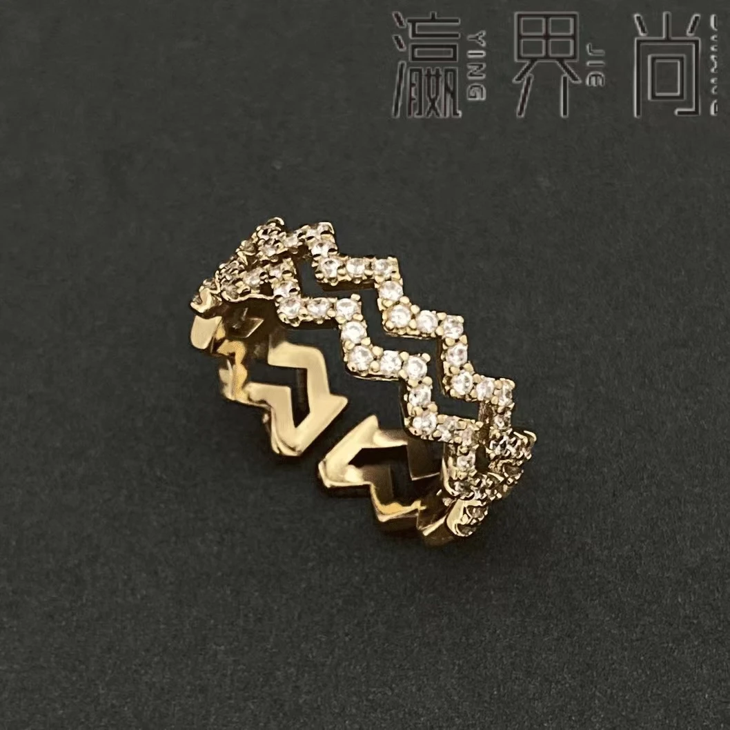 铜合金合成锆石戒指 【双层波浪戒指】轻奢时尚 香槟色 mk5342